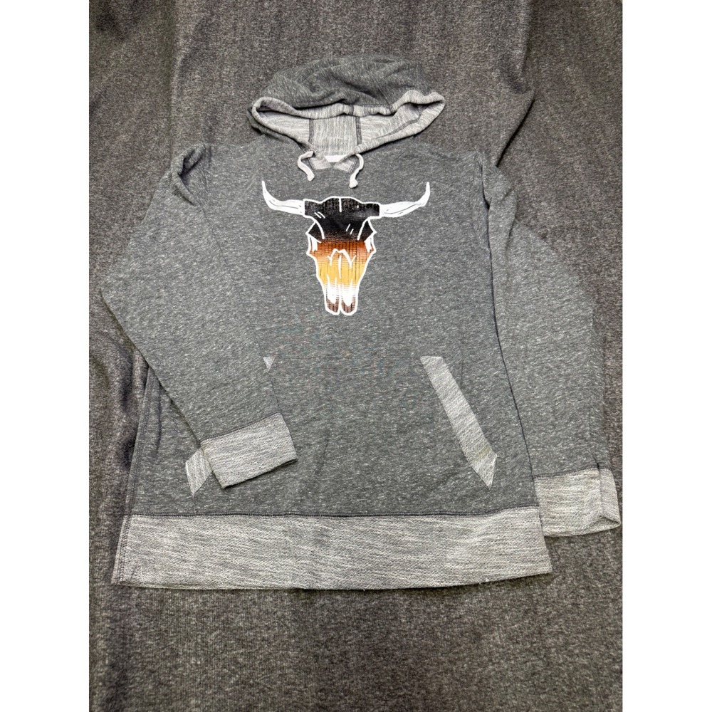 Western Longhorn Skull Hoodie Mens M Gray Cow Skull Bull Graphic Boho Sweatshirt